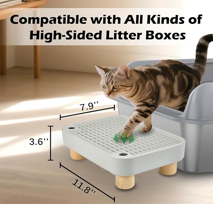 SpaceTime Elevated Litter Box Step/Ramp/Catcher Cat Litter Mat with Wooden Base,Anti-Tracking Cat Litter Trapping Pad for Kittens & Senior Cats,Easy to Clean,Washable & Waterproof Mat(Grey)