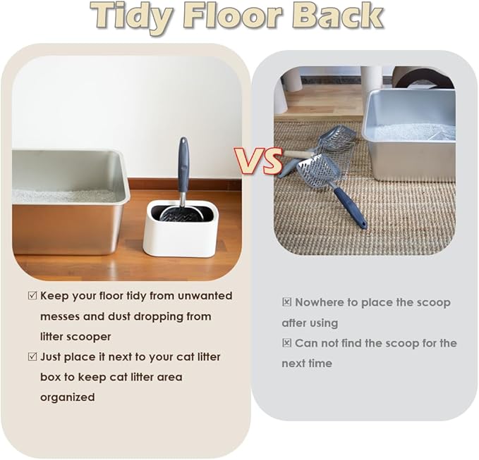 Heavy-Duty Metal Cat Litter Scoop with Holder, Aluminum Cats Litter Scooper Captures All Clumps, Kitty Metal Scooper and Holder (White)