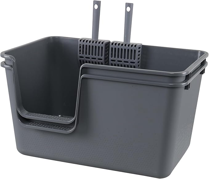 Extra Large Kitty Litter Box with High Sides, Gray Plastic Open Top Cat Litter Box with Scoop, 2 Packs