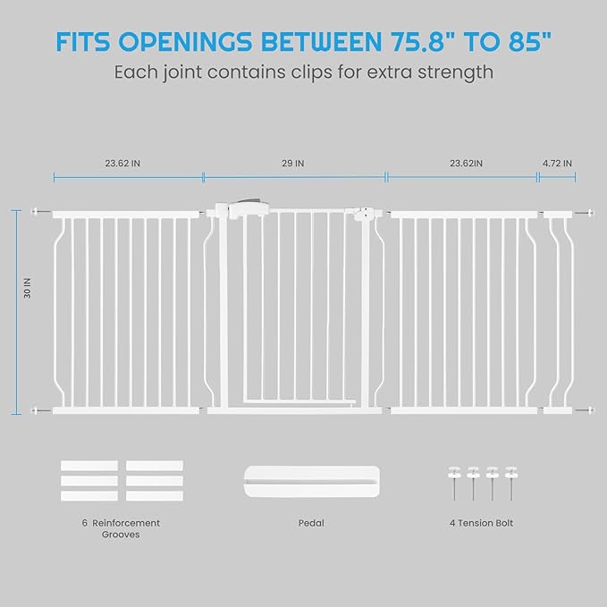 Extra Wide Baby Gate for Stairs Doorways with Door, 30" Tall 75.8-85" Wide Easy Install Dog Gate Indoor, Safety Metal Pressure Mounted Pet Gate with Walk-Thru Auto Close for The House, White