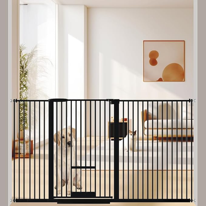 40.55" Tall 1.37" Ultra Narrow Spacing Dogs Pets Baby Gate with Door for Doorway Cat Safety Proof Indoor 57.68-73.43" Extra Wide Puppy Pressure Mounted Black Metal Hallway