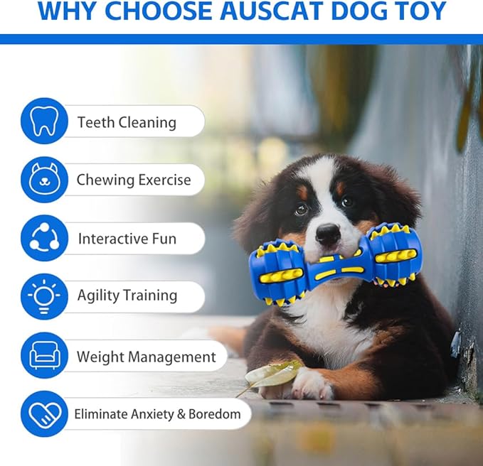 AUSCAT Teething Dog Chew Toys, Durable Squeaky Dog Toys, Rubber Chew Toys for Dogs, Dumbbell Shape, Blue