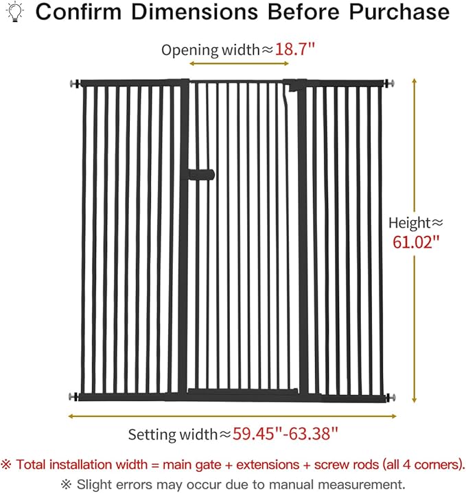 Lumizone Extra Tall Cat Gate 61.02" High Pressure Mounted Extra Wide 2025 New (17 Sizes) 1.37" Gap No Drilling Auto-Close One-Handed Operation Tall Pet Gate for Dogs(Black, 59.45"-63.38"/151-160.5CM)