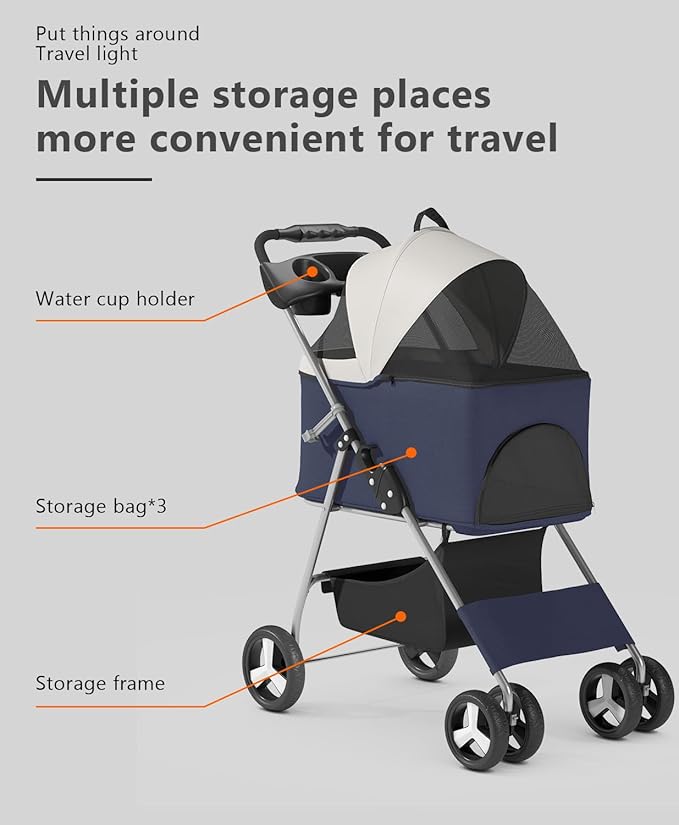 Pet Stroller with 4 Wheels for Small/Medium Pets,Travel Foldable Detachable Carrier for Dog Cat Cage Jogger Stroller, Rear Wheel Breaks, Storage Basket, Visible Mesh Weather Cover (Navy Blue)