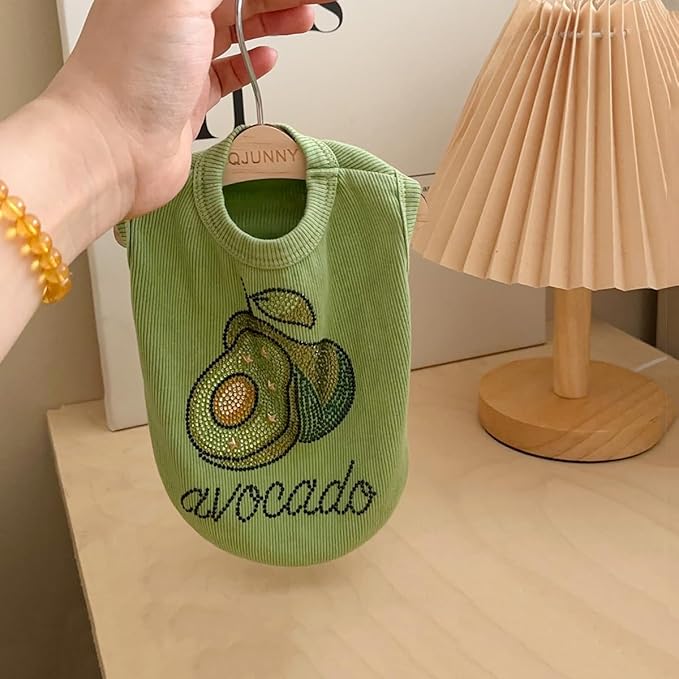 Washed Cotton Pet Vest with Rhinestone Fruit Designs, Soft & Stylish Small Dog Cat Vest for Spring Summer, Breathable & Shiny (Green-Avocado, Large)