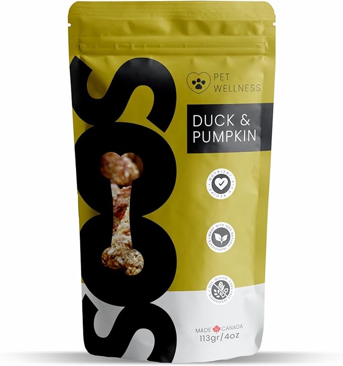 SOOS Natural Duck and Pumpkin Treats for Dogs & Cats - High Protein, Grain Free, Vitamin Minerals, Healthy Training Treats - 113g