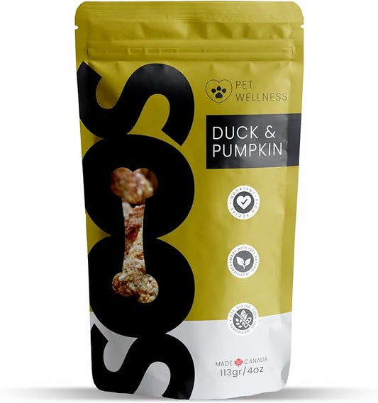 SOOS Natural Duck and Pumpkin Treats for Dogs & Cats - High Protein, Grain Free, Vitamin Minerals, Healthy Training Treats - 113g