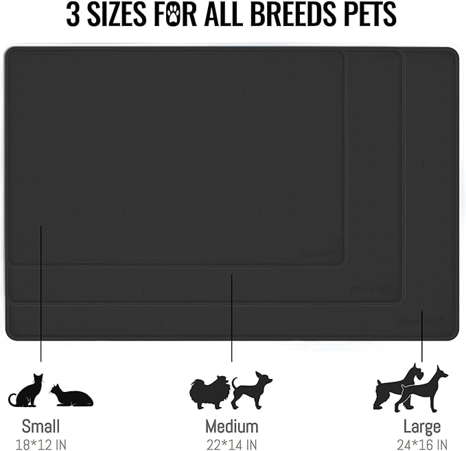 MateeyLife Dog & Cat Food Mat for Floors Waterproof, Nonslip Pet Feeding Mats with Raised Edges, Silicone Matt Tray for Messy Drinkers, 22"x14", Black