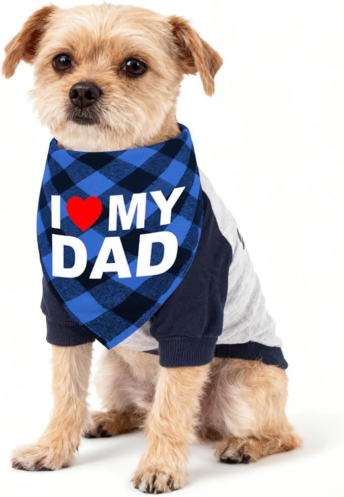 GreenJoy Cute Plaid Dog Bandana – Washable Pet Triangle Scarf for Small, Medium, Large Dogs and Cats, Adjustable Pet Accessory for Birthday, Wedding and Christmas (Blue (I Love My Dad), Large)