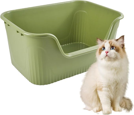 Large Cat Litter Box with High Sides,17.5"x15"x8.9" Open Top Cat Litter Pan Anti Splashing Non-Stick Litter Tray Low Entry Cat Litter Boxes Jumbo Kitty Litter Toilet Easy Clean for Cats(Green)
