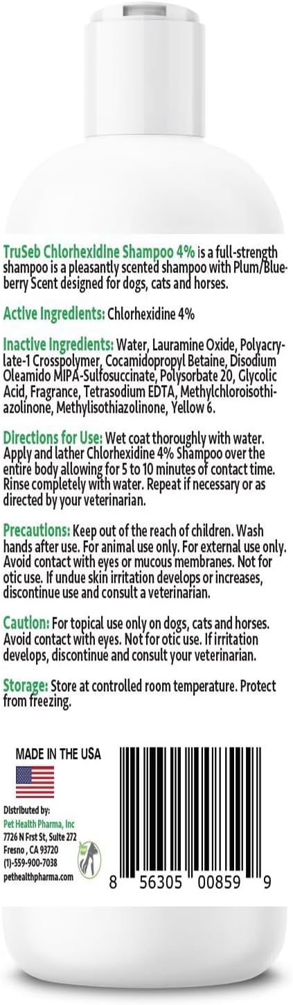 Truseb Topical Chlorhexidine 4% Shampoo for Dogs, Cats & Horses (12 oz)- with Aloe for Cleansing (Chlorhexidine 4% Shampoo, 12 oz)