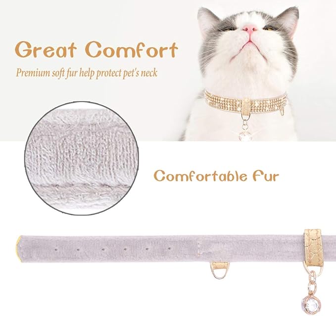 PetsHome Cat Collar, Dog Collar, [Bling Rhinestones] Premium PU Leather with Pendant Adjustable Collars for Big Cat and Small to Medium Dog Small Gold
