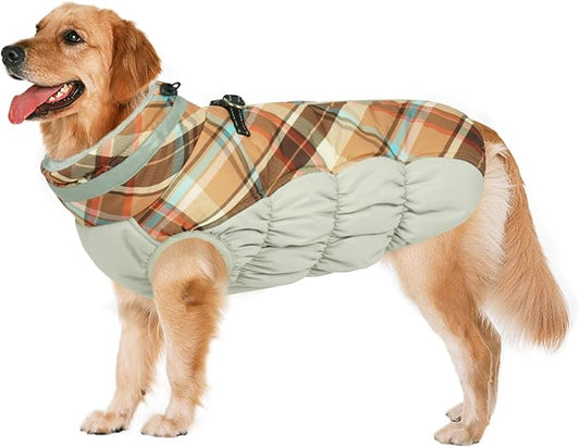 Lelepet Warm Dog Winter Coat Dog Coats for Large Dogs Waterproof Dogs Jacket with Harness Built in Reflective Cold Weather Coats Windproof Zip-Up Winter Fleece Vest Snowsuit Pitbull Brown Plaid XXL