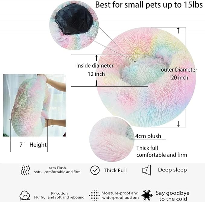 Cat Beds for Indoor Cats - Anti Anxiety Round Dog Beds for Small Medium Dogs, Fluffy Plush Faux Fur Pet Bed (Rainbow, Large 24" L x 24" W)