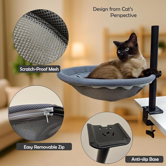 Cat Desk Bed - 360° Rotating & Height Adjustable, Cat Bed for Desk with Hammock, Sturdy Cats Bed for Desk with Removable Washable Cover, Supports Up to 50lbs, Perfect for Indoor Cats, Grey