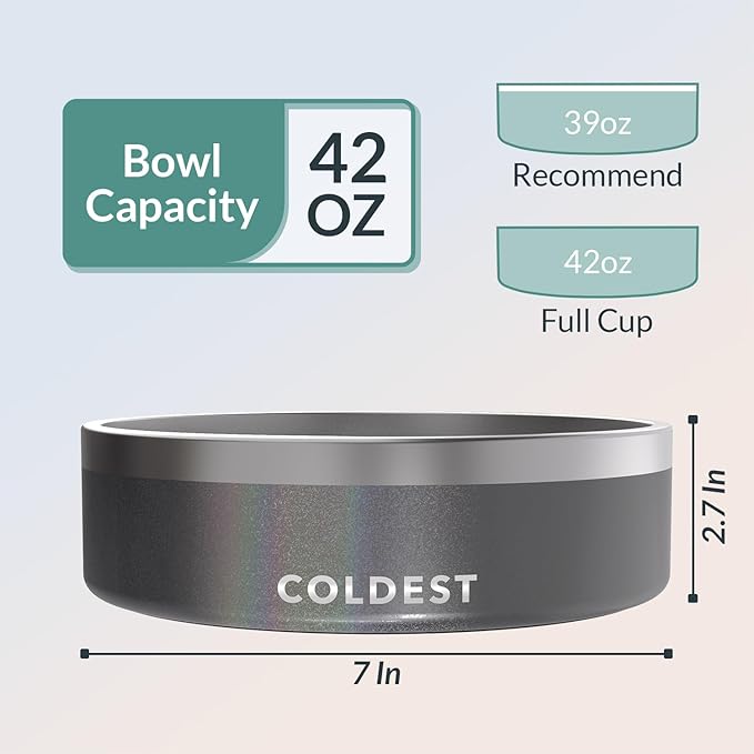 Coldest Dog Bowl - Anti Rust Metal, Non Slip, 3 Layers Insulated Stainless Steel Dog Bowls - Spill Proof & Heavy Duty - Water Bowl for Dogs, Cats & Pets, Dish Washer Safe (42 oz, Stardust Glitter)