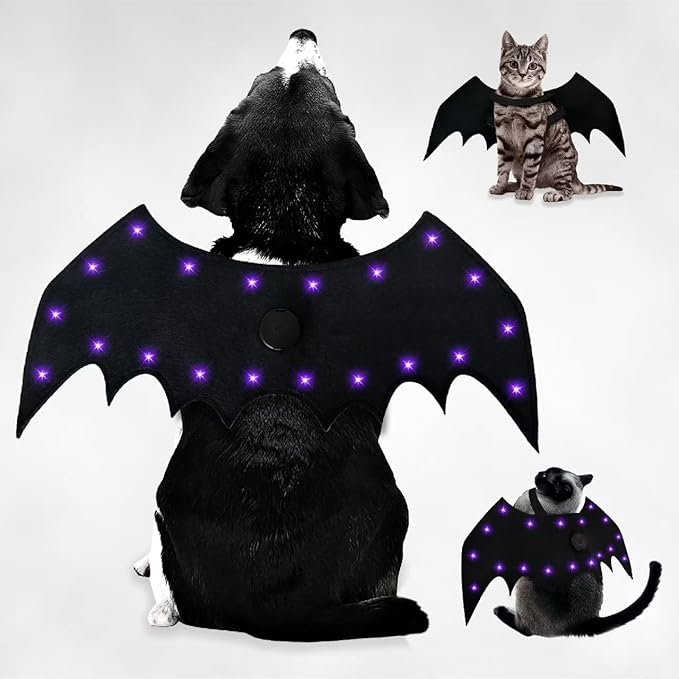 Luminous 20 LED Lights with bat Wings, Suitable for Halloween pet Costumes for Cats and Dogs, 4 Lighting Modes, Suitable for Different Body Types