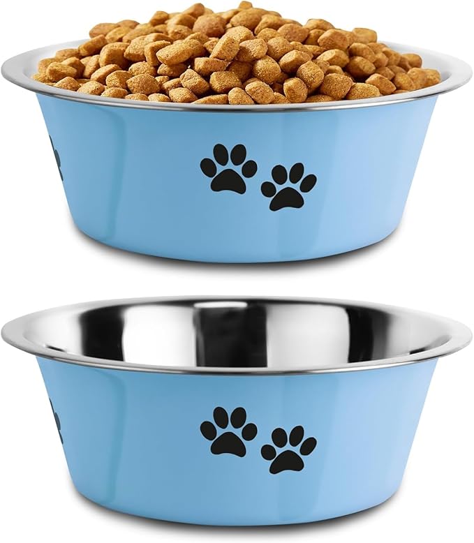 Stainless Steel Dog Bowls, Nonslip Rubber Bottom No Spill Proof Skid Metal Insulated Dog Bowls for Large Medium Small Breed Dogs (Blue, 6.6 Cups/53 OZ)