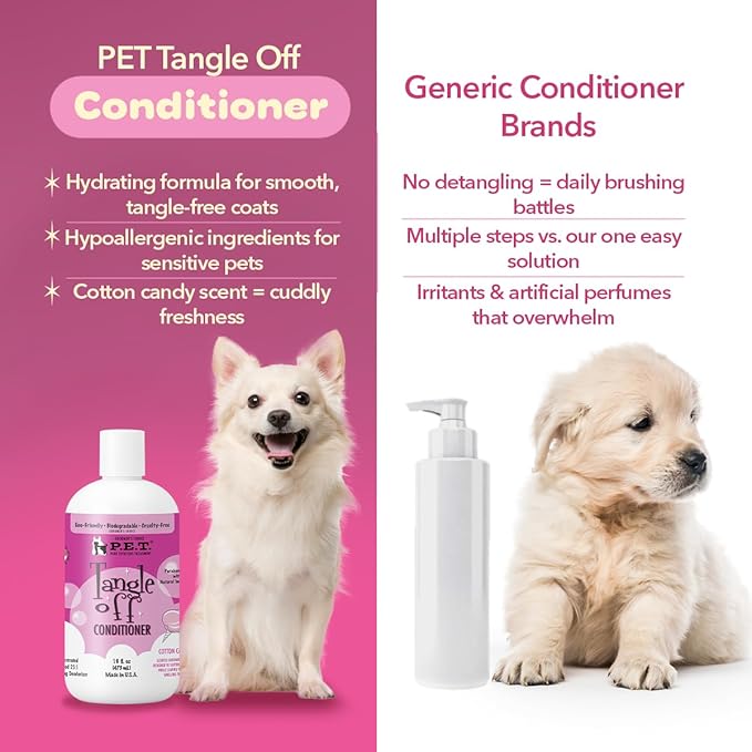 P.E.T. Tangle Off Detangling Conditioner for Dogs & Cats, Cotton Candy Scent – Moisturizes, Softens & Loosens Knots for Silky, Shiny Coats – Sulfate-Free, pH-Balanced, Hypoallergenic – 16 oz