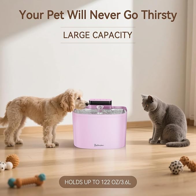 Cat Water Fountain, 122oz/3.6L Pumpless Wireless Cat Fountain, Cordless Water Fountains for Cats Indoor, Dog Pet Water Fountain Battery Operated with Stainless Steel Tray (Pink, Fountain+8 Fliters)