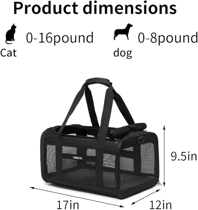 Airline Approved Pet Carrier for Cats and Small Dogs up to 15 lbs, Breathable Mesh and Collapsible Design, Portable Travel Bag for Bearded Dragon, Puppies Animal Hangbag, Rabbit Cage (Black, Small)