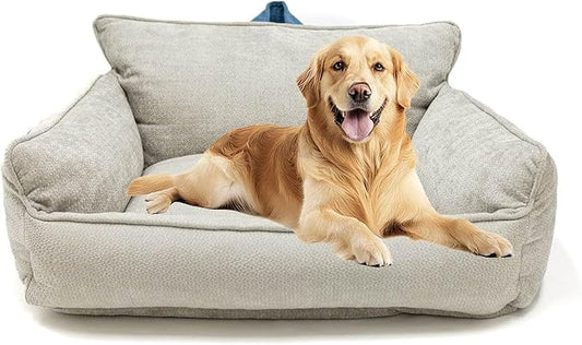 Large Orthopedic Dog Sofa Bed with Sides, Carry Handle & Side Pockets .Plush Chenille Orthopedic Pet Bed Couch for Large Dogs.Portable Snuggler for Indoor Use, Travel & Recovery (Light Grey)
