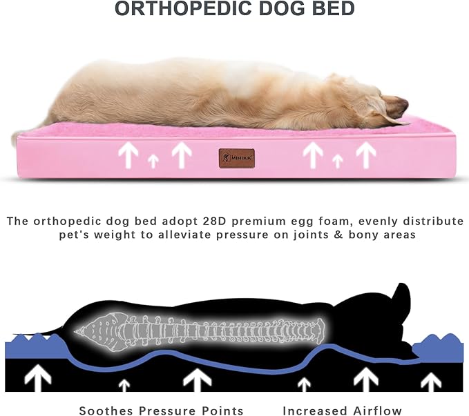 MIHIKK Waterproof Dog Beds Large Sized Dog Orthopedic Pet Beds for Crate with Removable Washable Cover Egg-Crate Foam Pet Pad Mat with Anti-Slip Bottom, 41x27 Inch, Pink