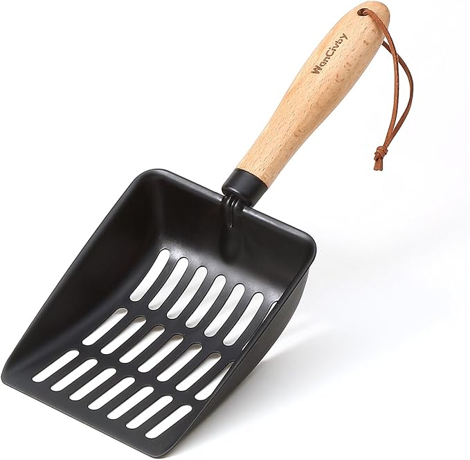 Premium Cat Litter Scoop with Ergonomic Beech Wood Handle - Stainless Steel Sifter with Hook & Hole for Easy Cleaning, Durable & Odor-Free (Teflon)