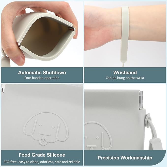 WALLFID Silicone Dog Treat Pouch Small Bag,Auto Closure,with Pet Training Clicker,Walking Bag for Dog and Cat,Pocket Size,Easy to Clean,Odorless (light grey)
