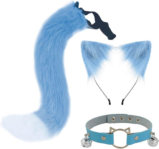 Cat Ears and Wolf Fox Animal Tail Cosplay Costume Faux Fur Hair Clip Headdress Halloween Leather Neck Chocker Set