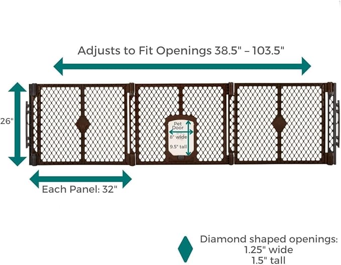 MyPet Extra Wide Dog Gate with Small Pet Door. 38.5” to 103.5" Wide. Cat Gate for Doorway. Made in USA. 26" Tall, Brown