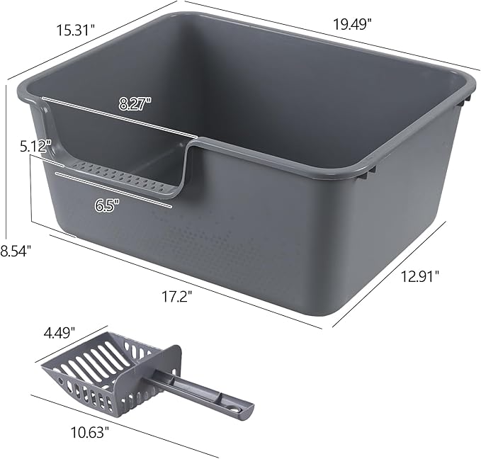 2 Pack High Side Plastic Litter Box with Cleaning Scoop, Grey Cat Litter Basin