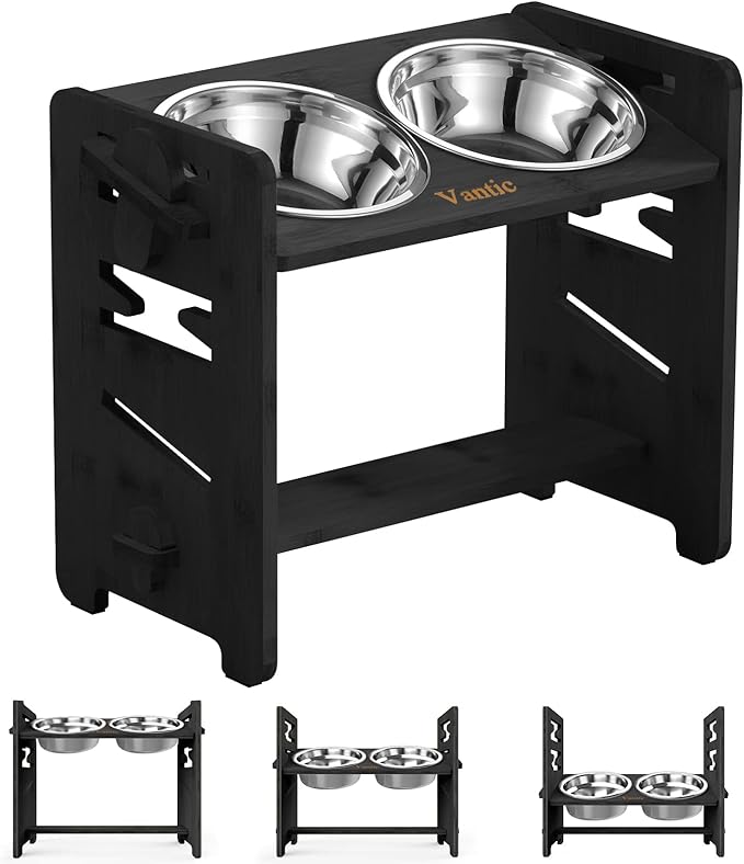 Vantic Elevated Dog Bowls, Adjustable Raised Dog Bowl Stand for Medium Sized Pet, Sturdy Bamboo Food Feeder with 2 Stainless Steel Dishes, Black