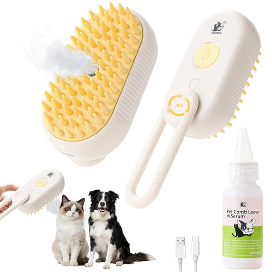 Cat Steam Brush for Shedding,4 in 1 Pet Steam Brush for Cats & Dogs,Deshedding,Massage,Cleaning & Anti-Static All In One,Suitable for Long & Short Haired Pets,Includes Waterless Shampoo,Yelow
