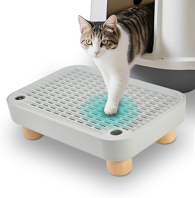 SpaceTime Elevated Litter Box Step/Ramp/Catcher Cat Litter Mat with Wooden Base,Anti-Tracking Cat Litter Trapping Pad for Kittens & Senior Cats,Easy to Clean,Washable & Waterproof Mat(Grey)