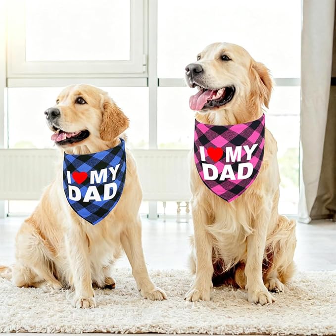 GreenJoy Cute Plaid Dog Bandana – Washable Pet Triangle Scarf for Small, Medium, Large Dogs and Cats, Adjustable Pet Accessory for Birthday, Wedding and Christmas (Blue (I Love My Dad), Large)