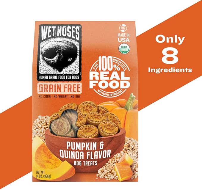 Organic Crunchy Dog Treats – for All Pet Sizes, Breeds – All-Natural Puppy Treat, Senior Dog Snack – 100% Human-Grade – Delicious Chews for Dogs - Grain-Free Pumpkin & Quinoa, 14 Oz (2 Pack)