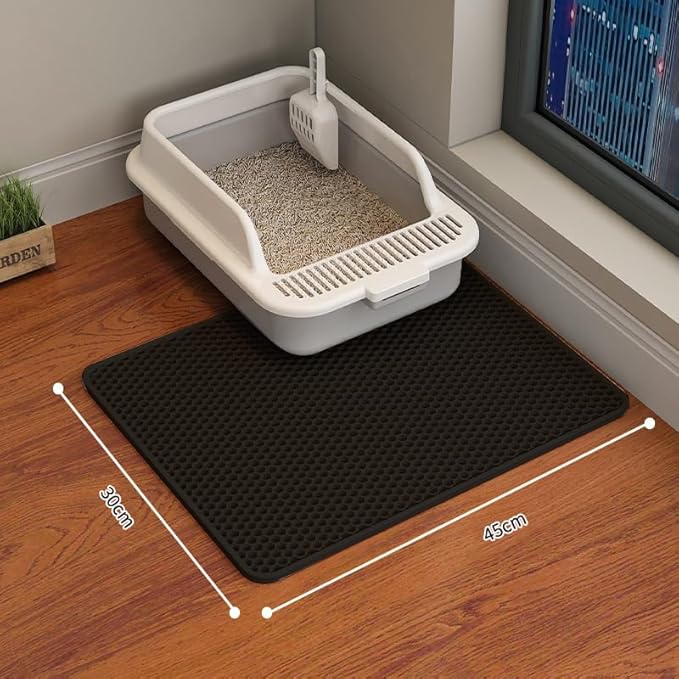 Cat Litter Mat Cat Litter Trapping Mat, 18 x 12 inch Honeycomb Double Layer Design, Urine and Water Proof Material, Scatter Control, Less Waste, Easier to Clean, Washable black