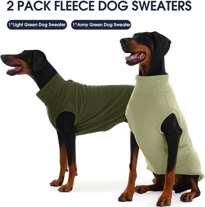 IECOii 2 Pack Large Dog Fleece Sweater 3XL - Fleece Pullover Sweaters for Labrador Boy Girl, Warm Stretchy Fall Winter Coat with Leash Hole, Machine Washable, (Size XXXL, Light Green & Army Green)