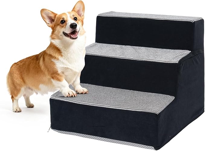 Dog Stairs for Small Dogs and Cats 18.5" H 3-Step DogSteps for High Bed Couch and Sofa High-DensityFoam Dog Ramp withSupporting Boardet Stairs withNon-Slip Bottom Washable Cover