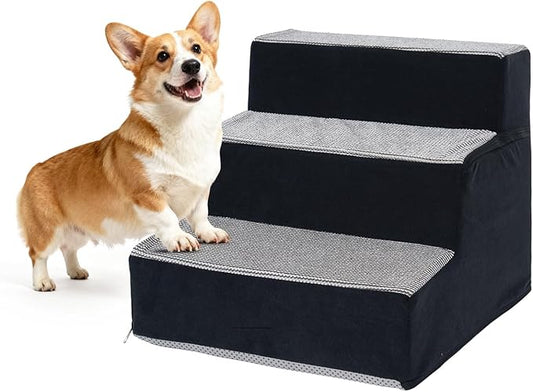 Dog Stairs for Small Dogs and Cats 18.5" H 3-Step DogSteps for High Bed Couch and Sofa High-DensityFoam Dog Ramp withSupporting Boardet Stairs withNon-Slip Bottom Washable Cover