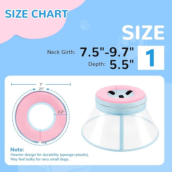 Sponge Core Dog Cone, Inflatable Dog Cone Collar Alternative, Dogs Donut Collar After Surgery, Soft Cone for Large Medium Small Dogs to Stop Licking, No Inflation Required, Clear View(Size 1, Pink)