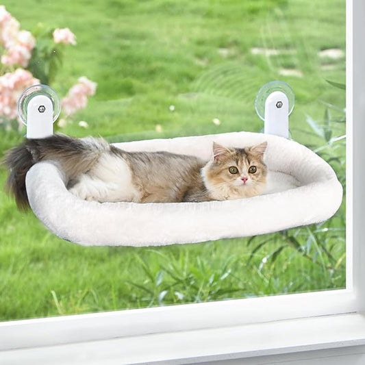 Cat Window Perch, Cordless Cat Hammock Window Seat with Cozy Pad Bed Cover for Indoor Cats, Durable Metal Frame Support Pet Bed with 4 Suction Cups for Large Cats (Cushion Pad Bed - White)