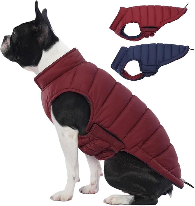 Lelepet Reversible Dog Coat Waterproof Dog Jacket Windproof Puffer Vest for Winter Warm Lightweight Coats for Small Dogs Adjustbale Hook & Loop Pet Apparel with Leash Hole, Shih Tzu, Wine Red, S