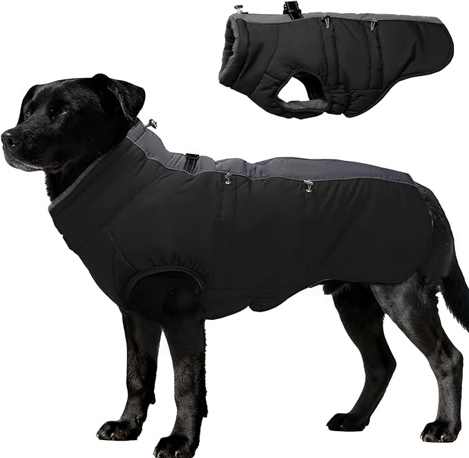 Dog Winter Jacket - Large, Warm Zip Up Snowsuit Dog Harness Vest, Reflective, Water-Resistant, Black