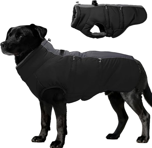 Dog Winter Jacket - Large, Warm Zip Up Snowsuit Dog Harness Vest, Reflective, Water-Resistant, Black