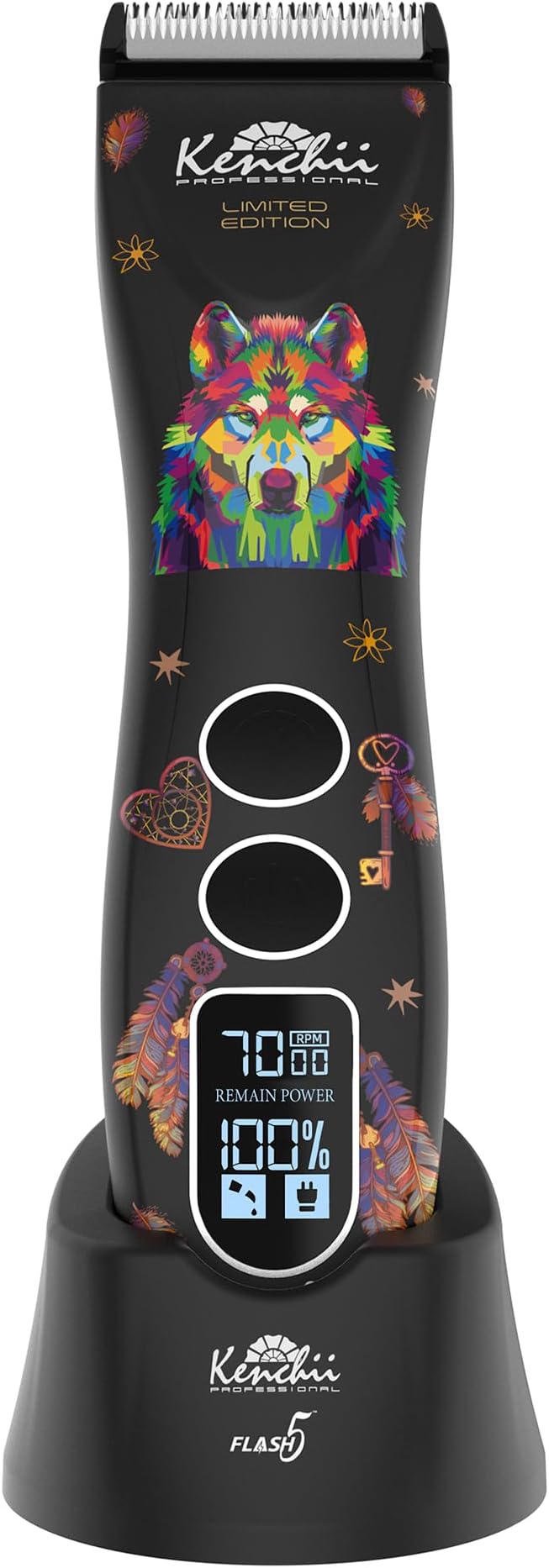 Kenchii Flash 5 Wolf Limited Edition - 5-in-1 Digital Cordless Clipper - Precision Pet Grooming: Trim, Shape, and Style Effortlessly USB-C Charging (Black)