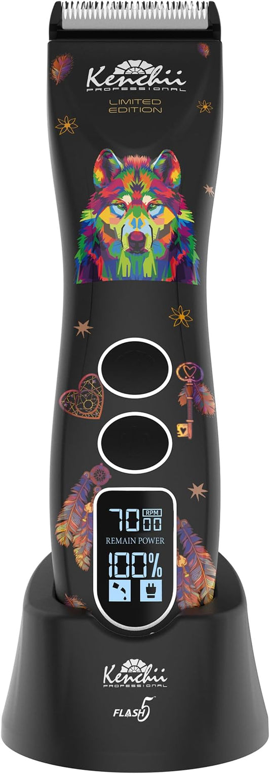 Kenchii Flash 5 Wolf Limited Edition - 5-in-1 Digital Cordless Clipper - Precision Pet Grooming: Trim, Shape, and Style Effortlessly USB-C Charging (Black)