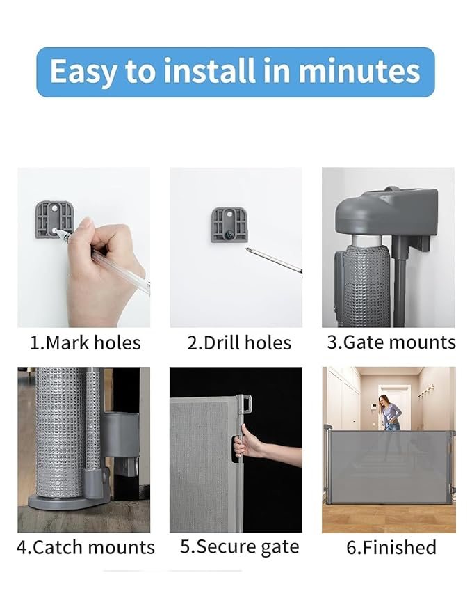 Retractable Baby Gate for Doorways and Stairs, Mesh Safety Gate for Pet, Indoor & Outdoor Use, One-Hand Operation, Easy Installation, 33.6" Tall, Expands to 55" Wide（Grey,33.6"x55"