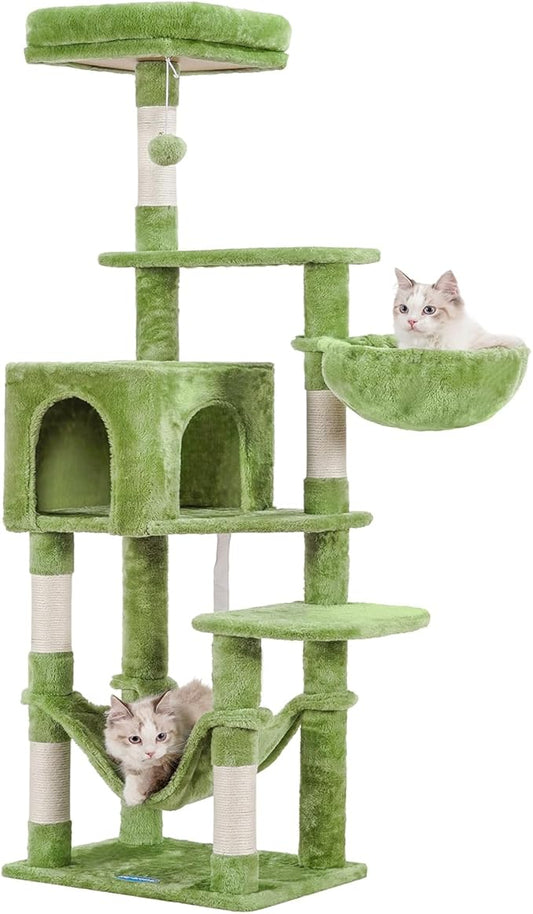 Hey-brother Cat Tree with Large Hammock, Multi-Level Cat Tower for Indoor Cats, Cat Condo with Sisal-Covered Scratching Posts and Top Perch, Green MPJ050GR
